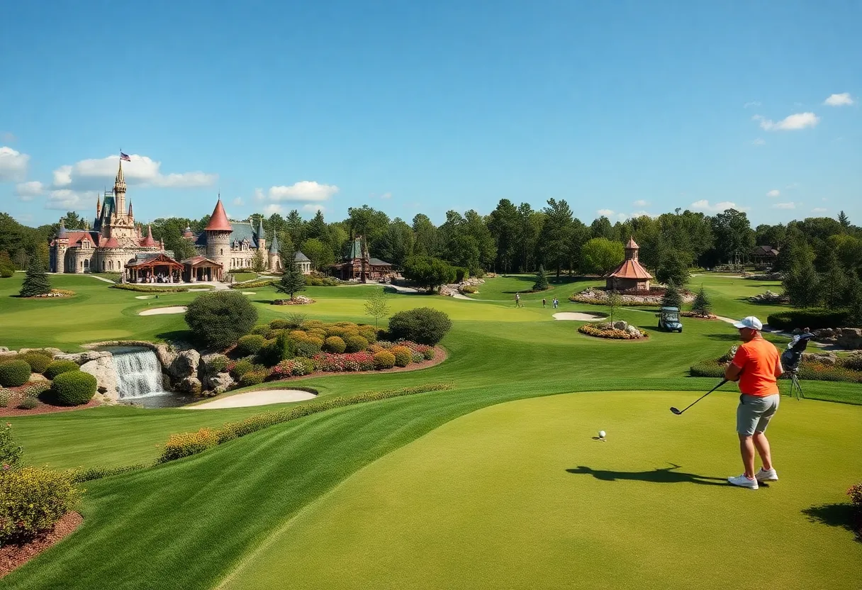 A picturesque view of Disney's Magnolia Golf Course, featuring colorful landscapes and Disney-themed golf holes.