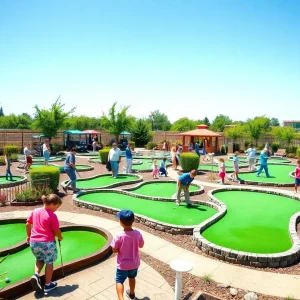 Families enjoying outdoor mini golf at the new Winter Garden location.