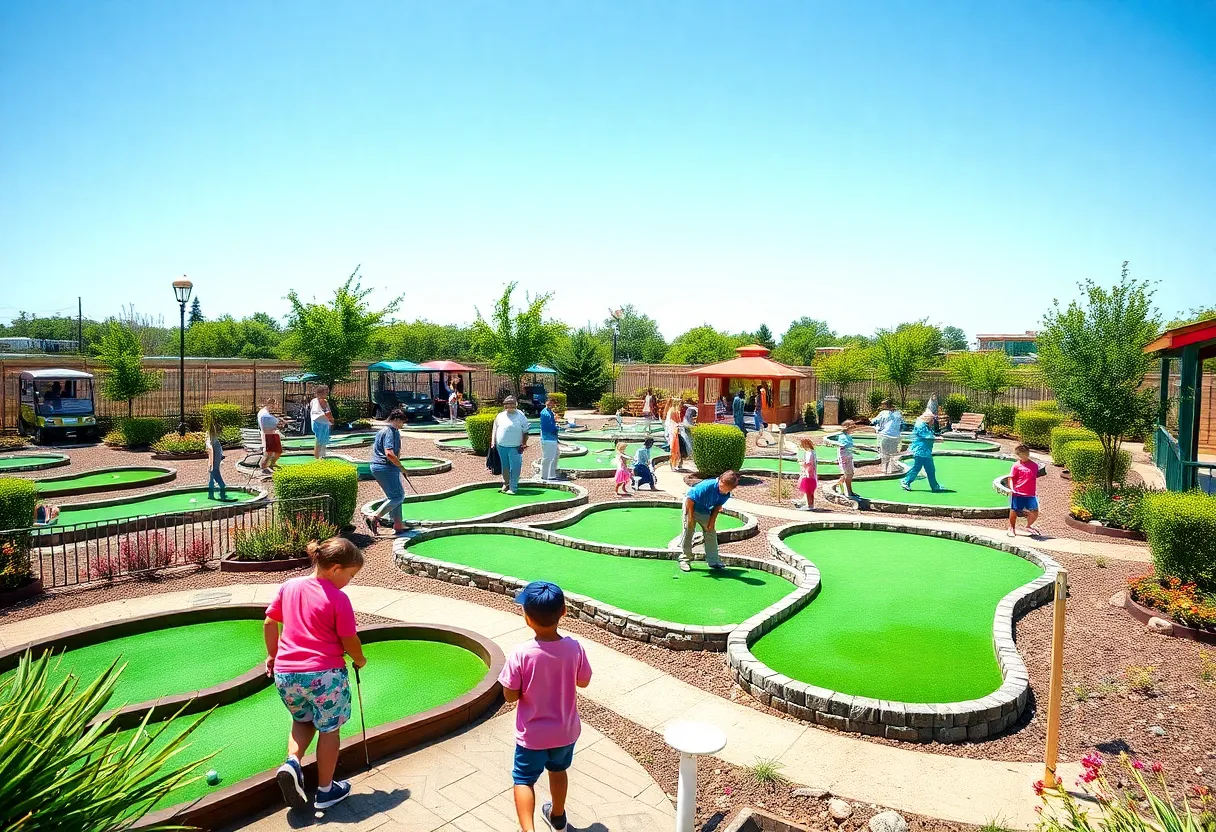 Families enjoying outdoor mini golf at the new Winter Garden location.