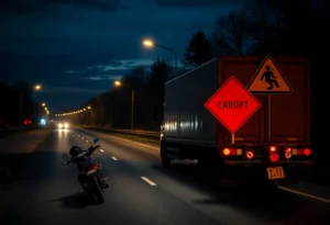 Nighttime view of a road with warning signs and a parked truck, representing motorcycle safety risks