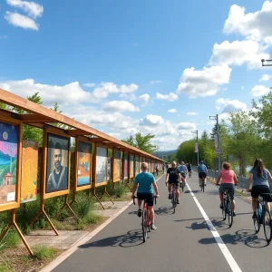 Artworks displayed on wooden frames along a bike path