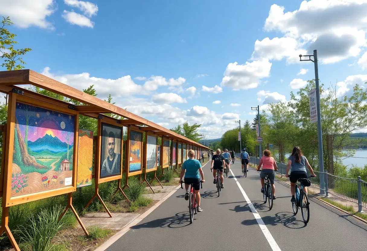 Artworks displayed on wooden frames along a bike path