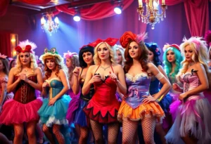Colorful burlesque show featuring performers in Shrek-themed costumes.