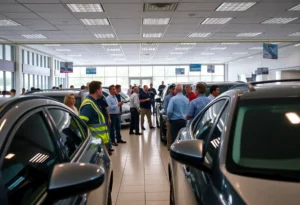 Employees and customers in a Mercedes-Benz dealership during a disturbance