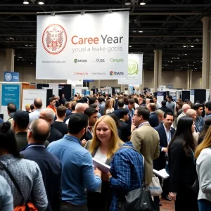 Job seekers networking at a career fair in Orlando