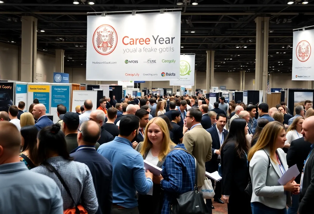 Job seekers networking at a career fair in Orlando