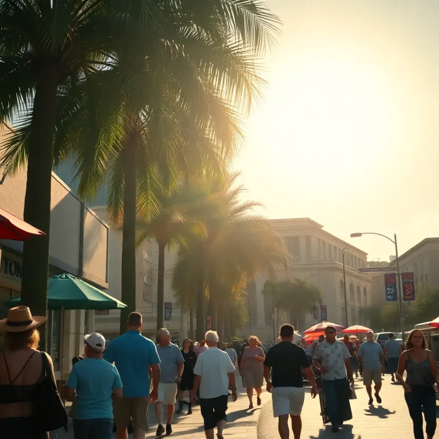 A busy Orlando street during an extreme heat warning with people staying cool.