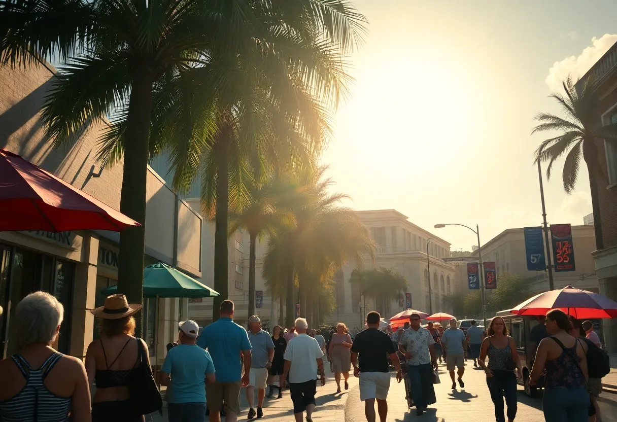 A busy Orlando street during an extreme heat warning with people staying cool.