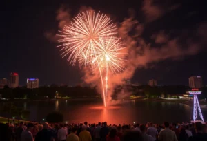 Fireworks lighting up the night sky over Lake Eola Park in Orlando during the annual Fireworks at the Fountain event.