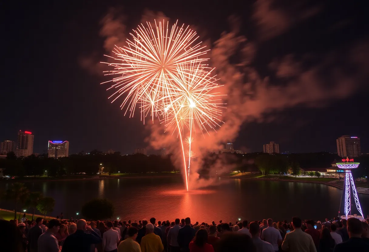 Fireworks lighting up the night sky over Lake Eola Park in Orlando during the annual Fireworks at the Fountain event.