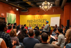 Audience enjoying performances at a food justice poetry slam event.