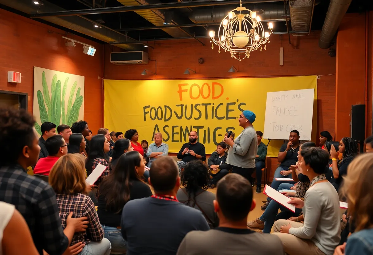 Audience enjoying performances at a food justice poetry slam event.