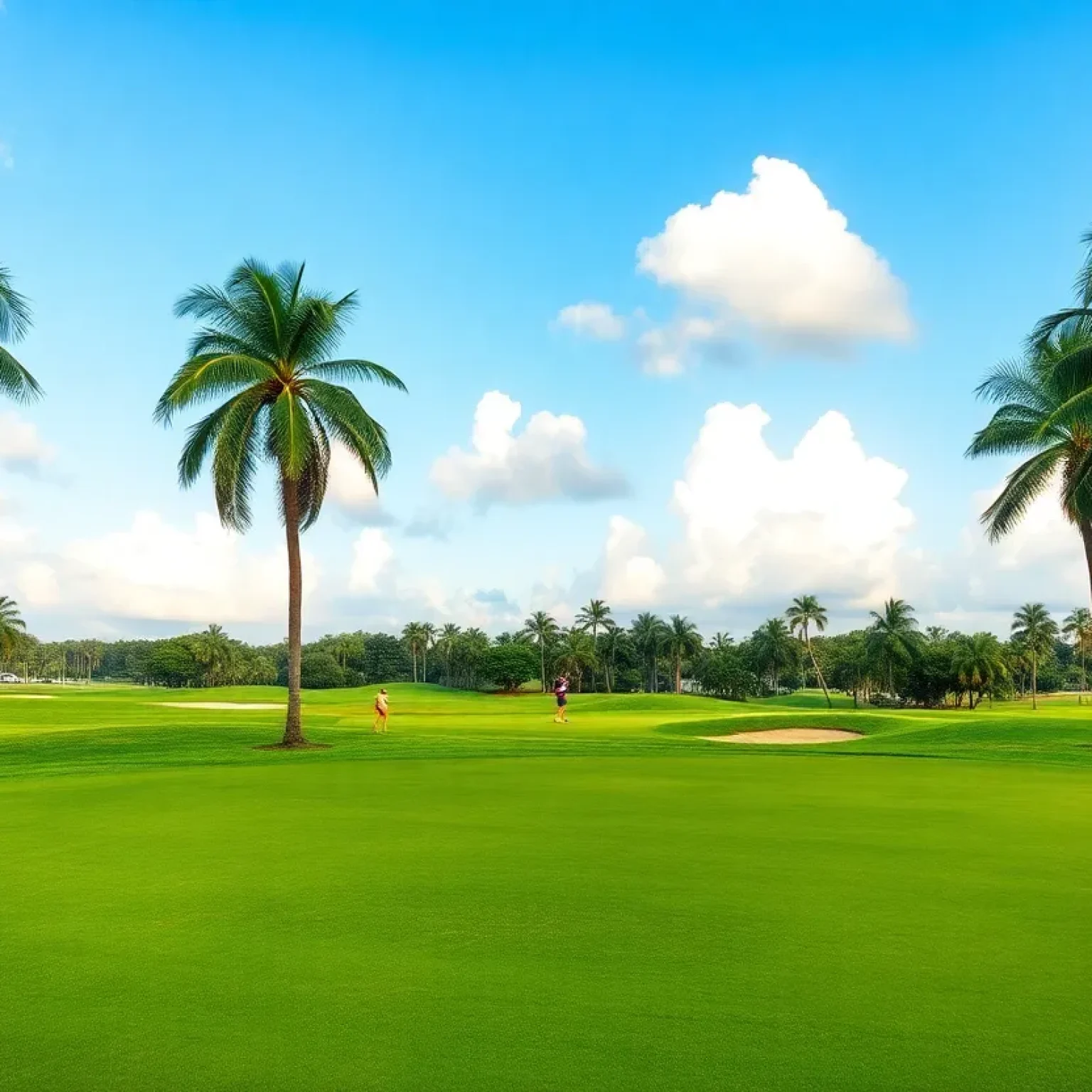 A vibrant golf course in Orlando with lush green fairways and palm trees.