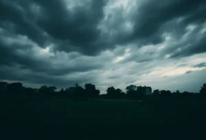 A dark, empty golf course illustrating a foreboding atmosphere.