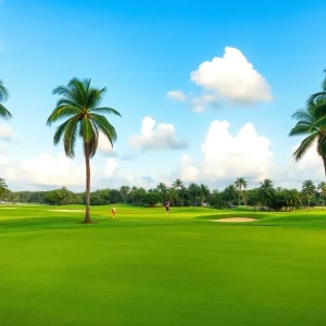 A vibrant golf course in Orlando with lush green fairways and palm trees.