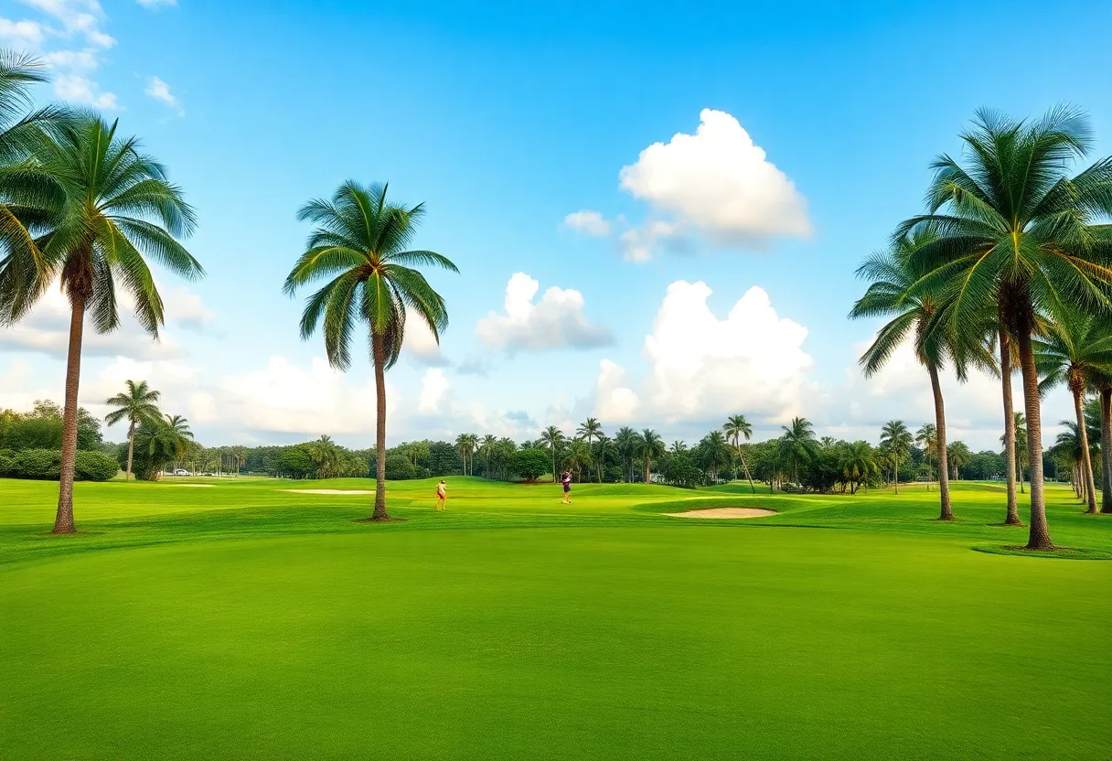 A vibrant golf course in Orlando with lush green fairways and palm trees.