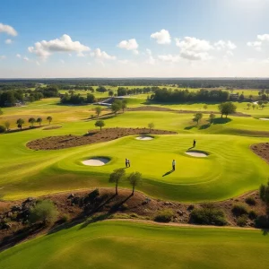 A scenic view of a golf course in Orlando with golfers playing under sunny skies.