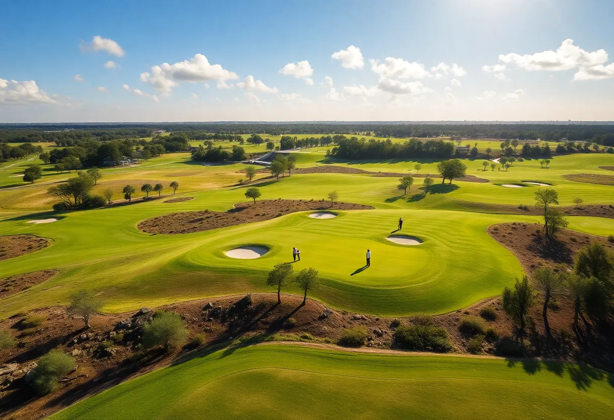 A scenic view of a golf course in Orlando with golfers playing under sunny skies.