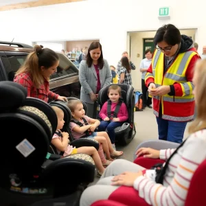 Families participating in car seat safety check event