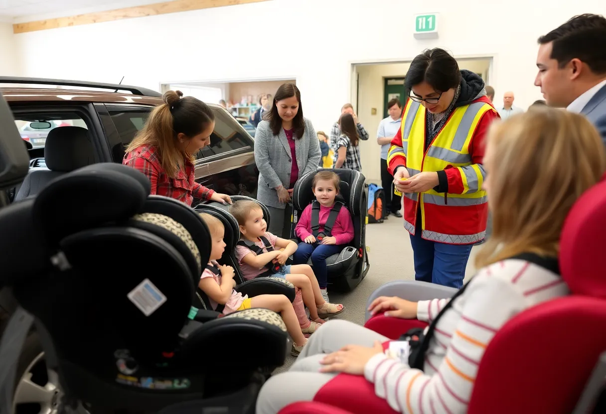 Families participating in car seat safety check event