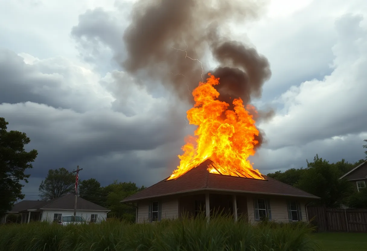 A house on fire due to a lightning strike during a storm in Orlando.