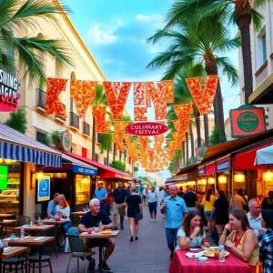 Outdoor dining scene at Orlando's Magical Dining event with various culinary dishes and happy diners.