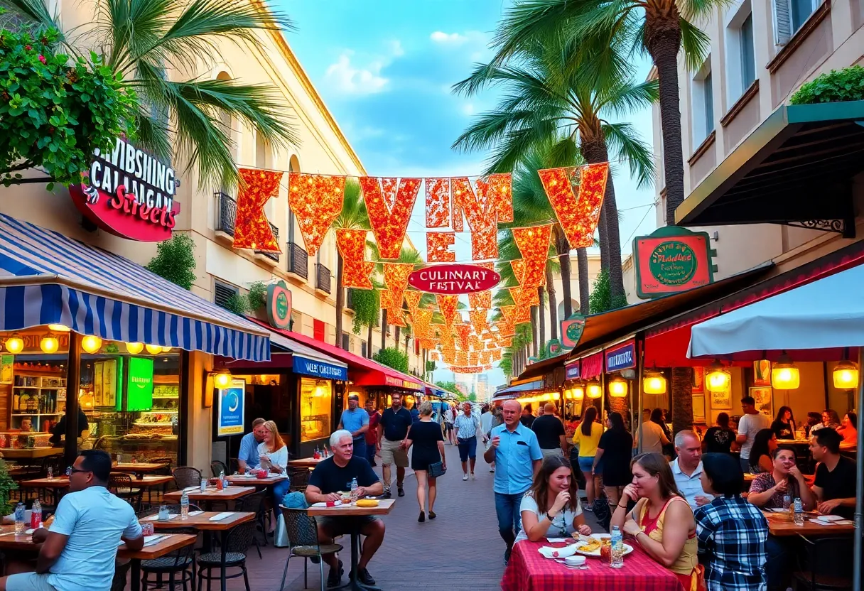 Outdoor dining scene at Orlando's Magical Dining event with various culinary dishes and happy diners.