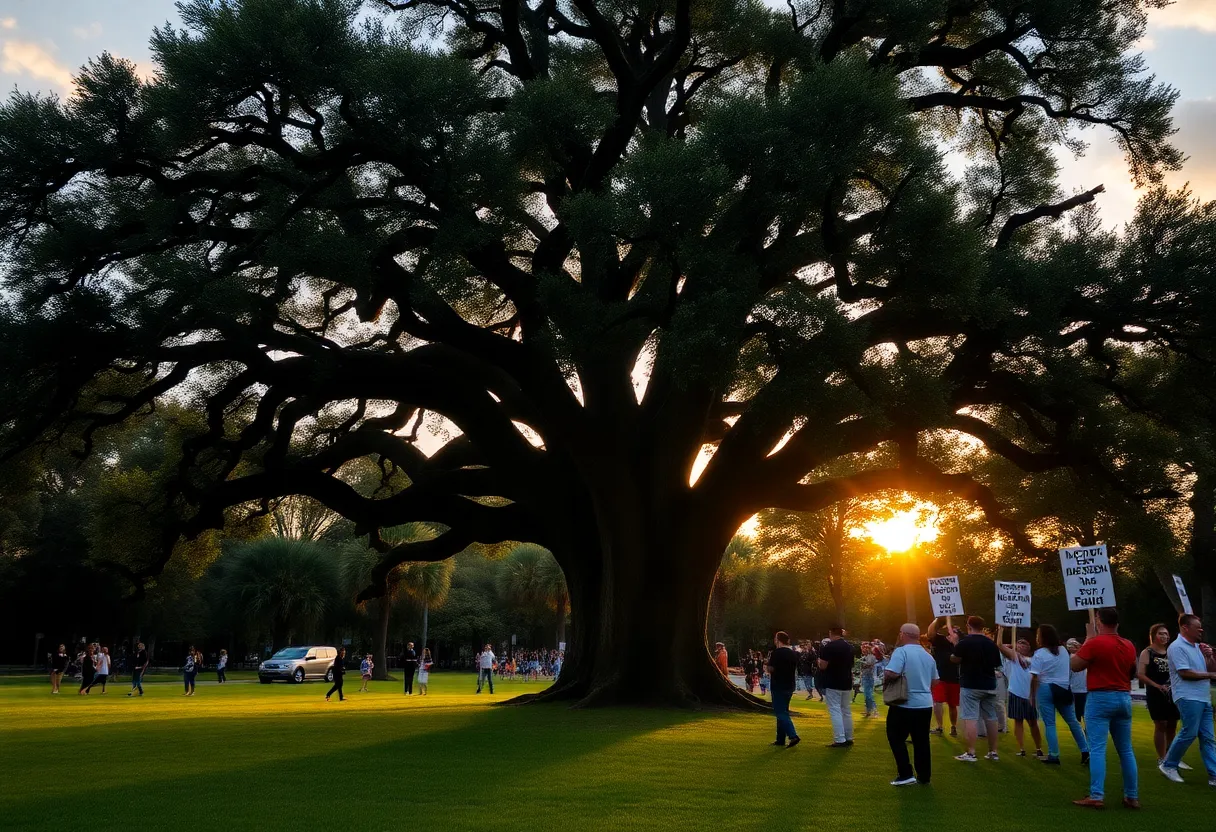 Residents protesting the removal of an iconic oak tree in Albert Park, Orlando.