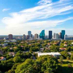 City skyline of Orlando with residential areas