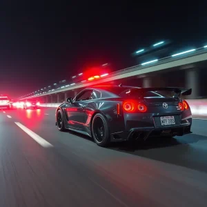 A Dodge Challenger speeding at night on a highway
