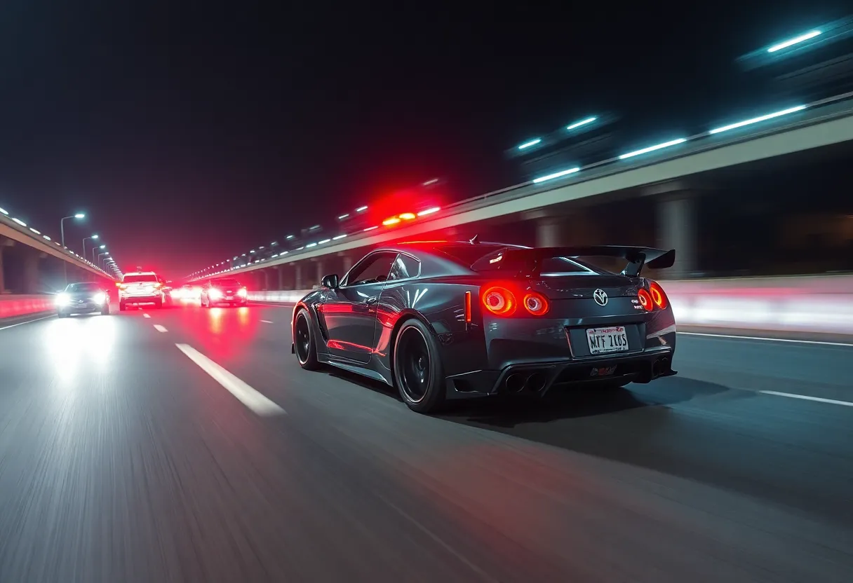 A Dodge Challenger speeding at night on a highway
