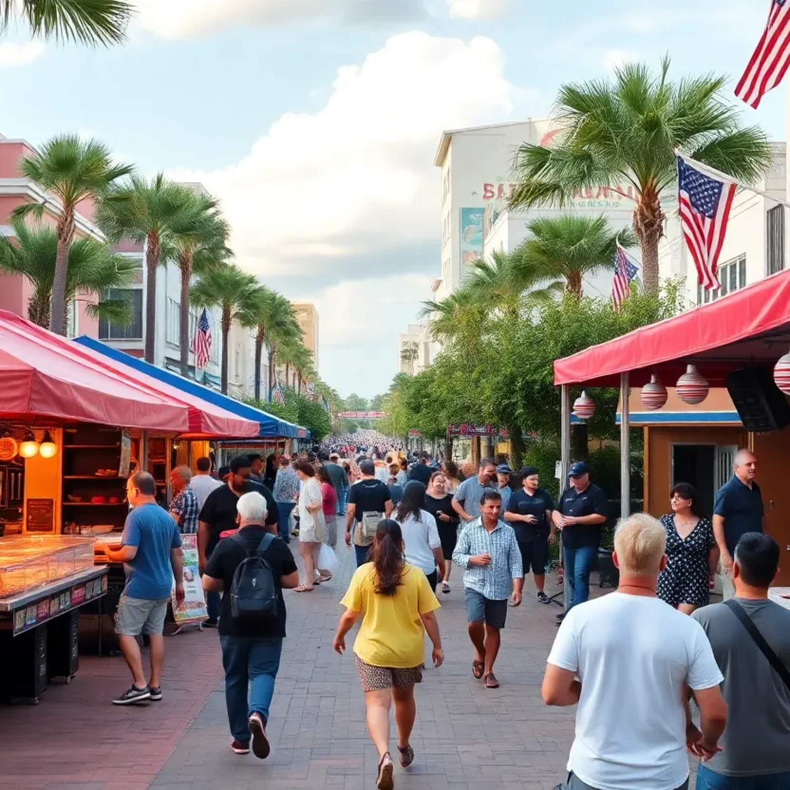 A lively summer event scene in Orlando with food stalls and music