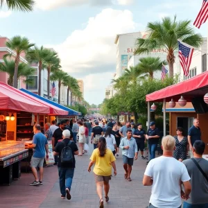 A lively summer event scene in Orlando with food stalls and music
