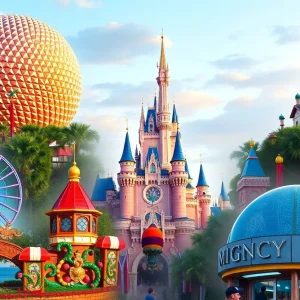 A collage of popular attractions in Orlando theme parks including Epcot, Magic Kingdom, and Islands of Adventure.