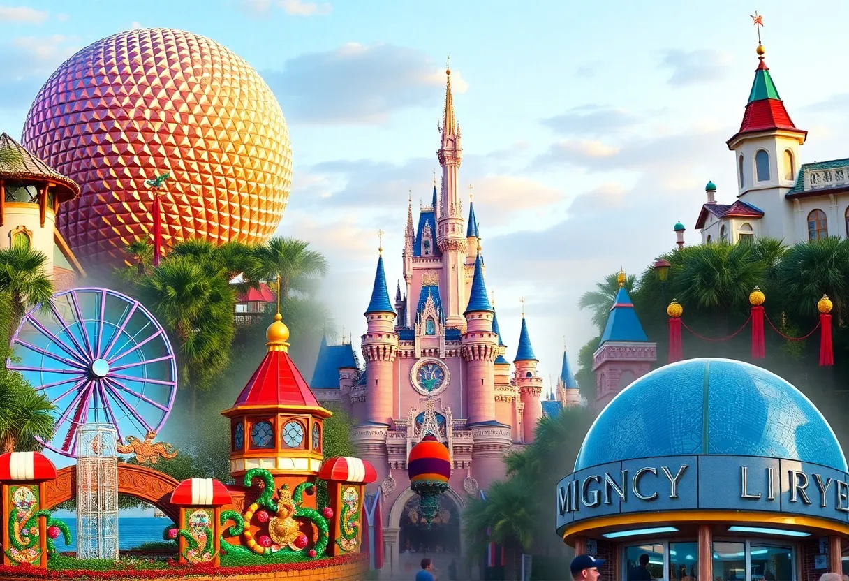A collage of popular attractions in Orlando theme parks including Epcot, Magic Kingdom, and Islands of Adventure.