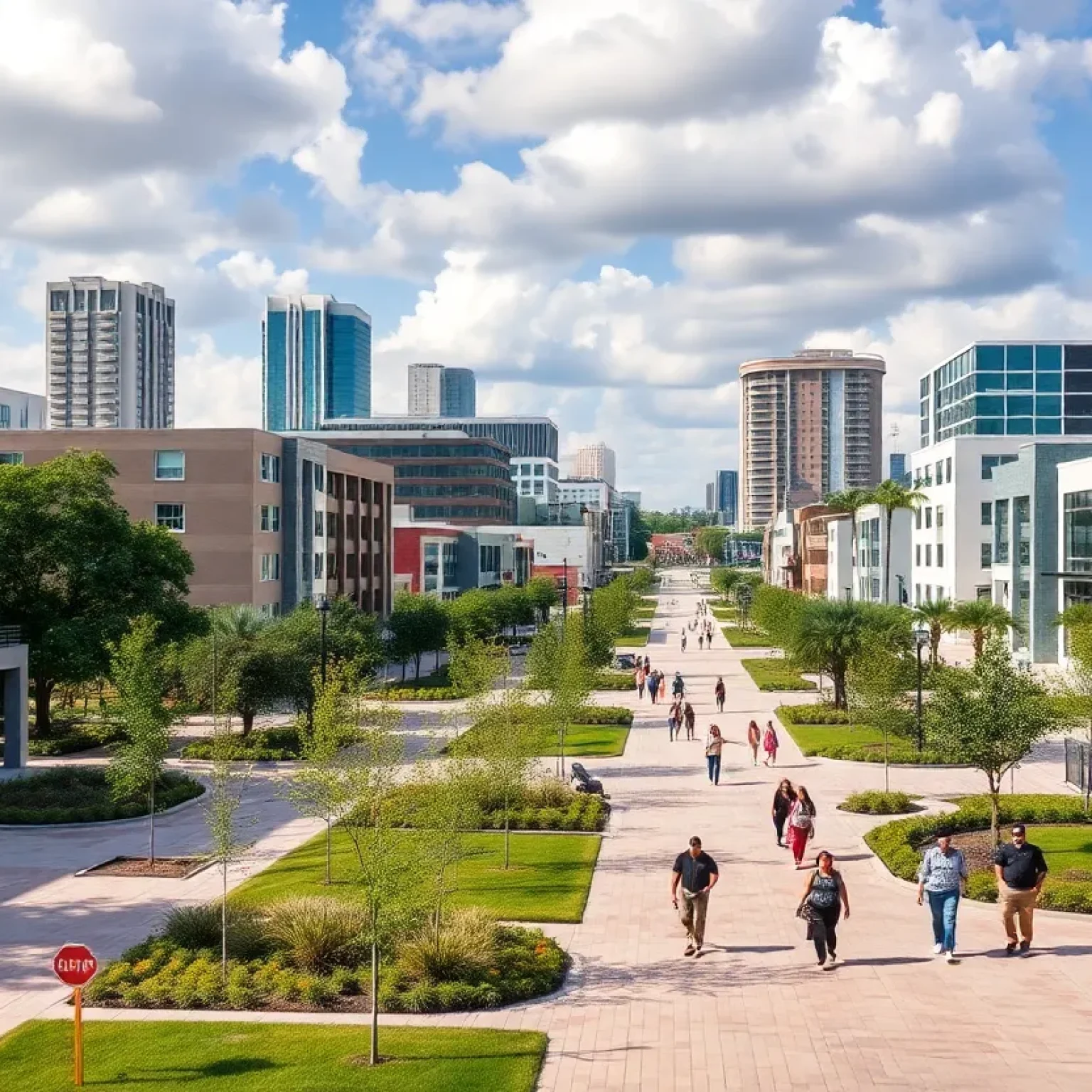 A lively urban scene in Orlando illustrating community-focused urban development.