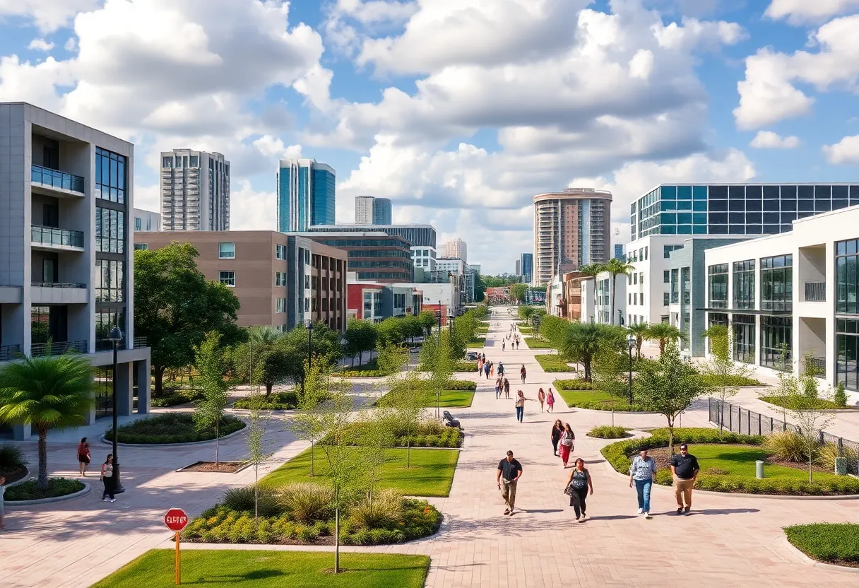 A lively urban scene in Orlando illustrating community-focused urban development.