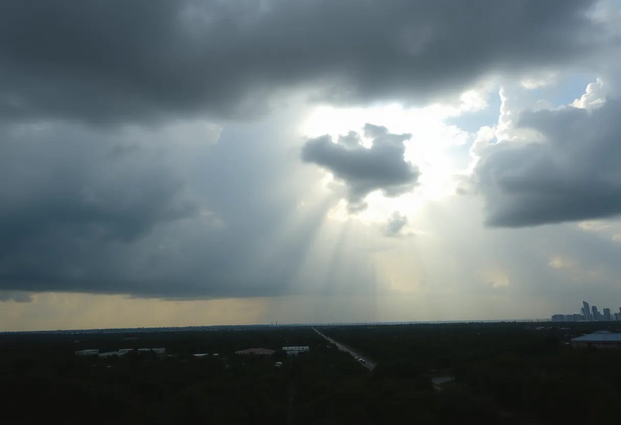 A cloudy sky over Orlando, Florida, showing rain and heat conditions.