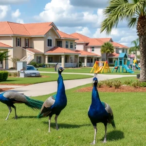 Wild peacocks in a residential area in Orlando