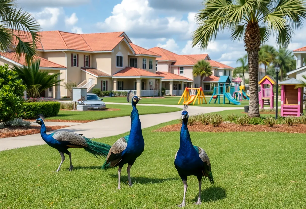 Wild peacocks in a residential area in Orlando