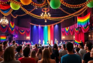 A festive scene at The Renaissance Theater showcasing LGBTQ+ pride with a diverse audience.
