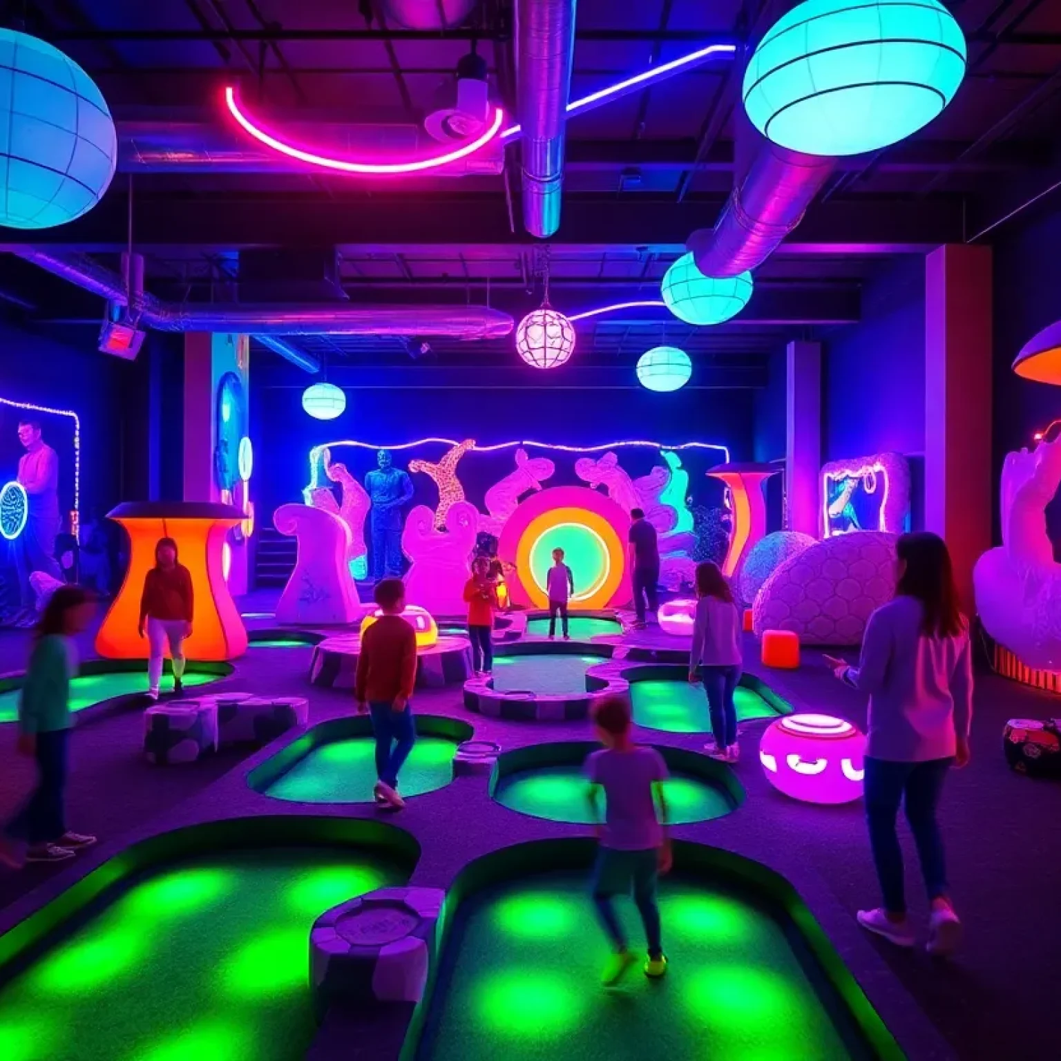 Indoor mini-golf course filled with neon lights and glow-in-the-dark elements