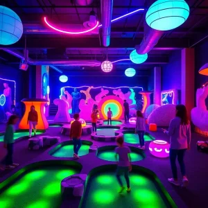 Indoor mini-golf course filled with neon lights and glow-in-the-dark elements