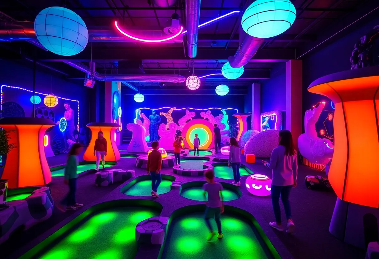 Indoor mini-golf course filled with neon lights and glow-in-the-dark elements
