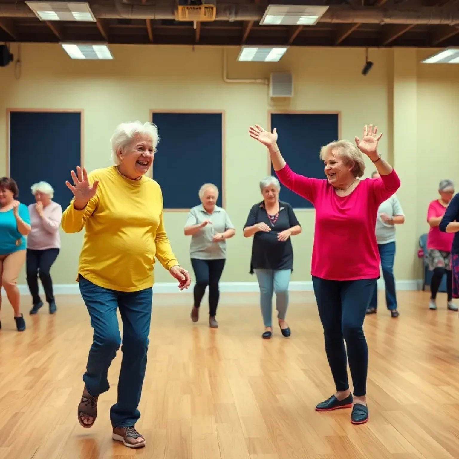 Older adults participating in a joyful dance class