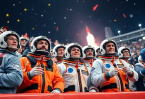 Fans dressed in space-themed outfits at a football game.