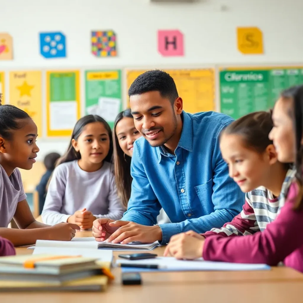 Diverse group of students collaborating in a classroom.