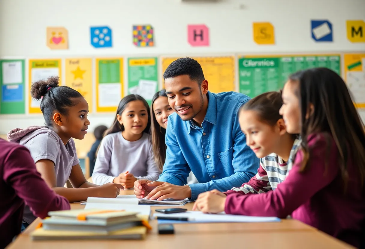Diverse group of students collaborating in a classroom.