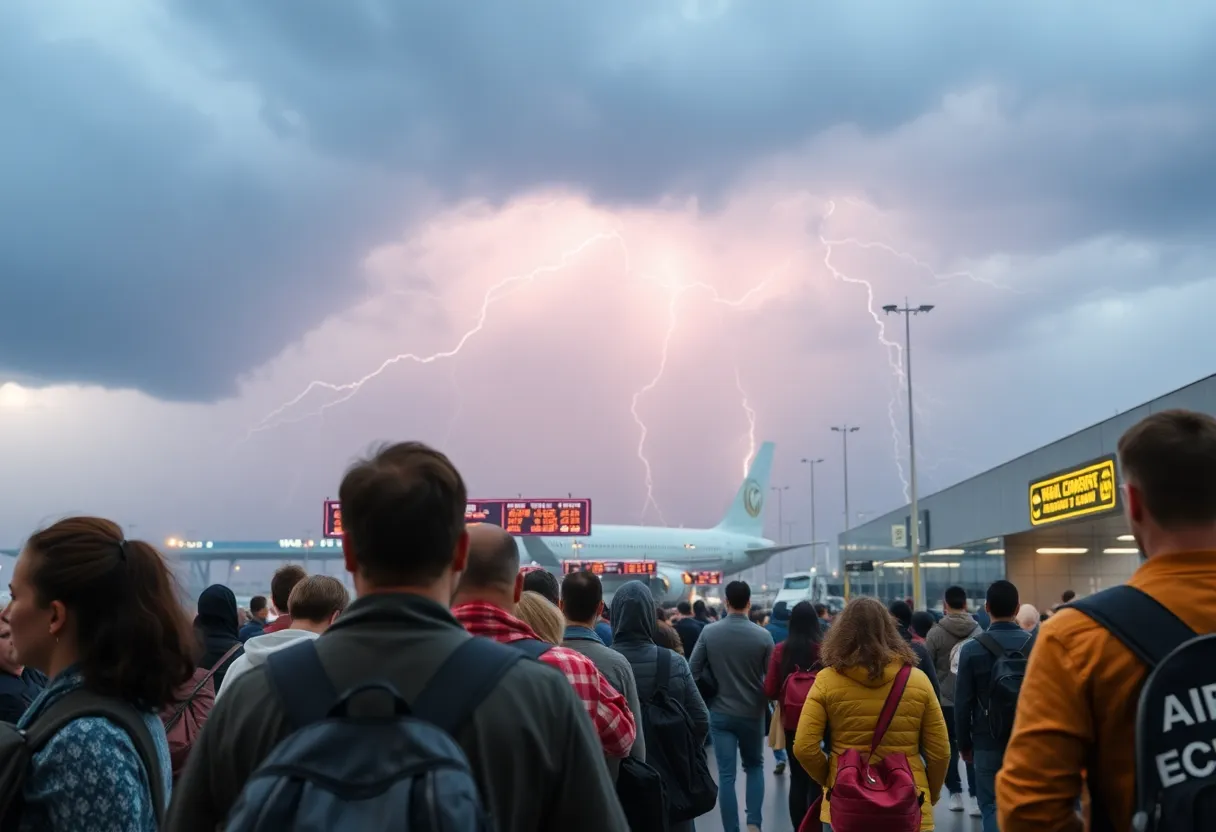 Travelers at Orlando International Airport waiting during thunderstorms