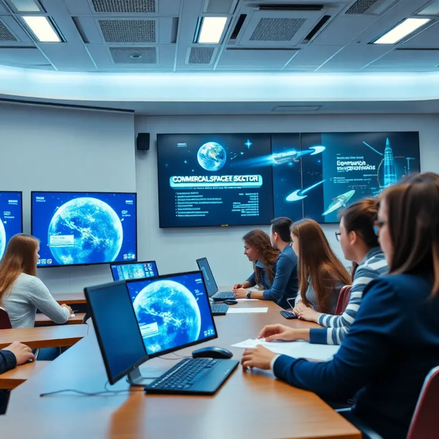 Diverse university students in an online Space MBA class